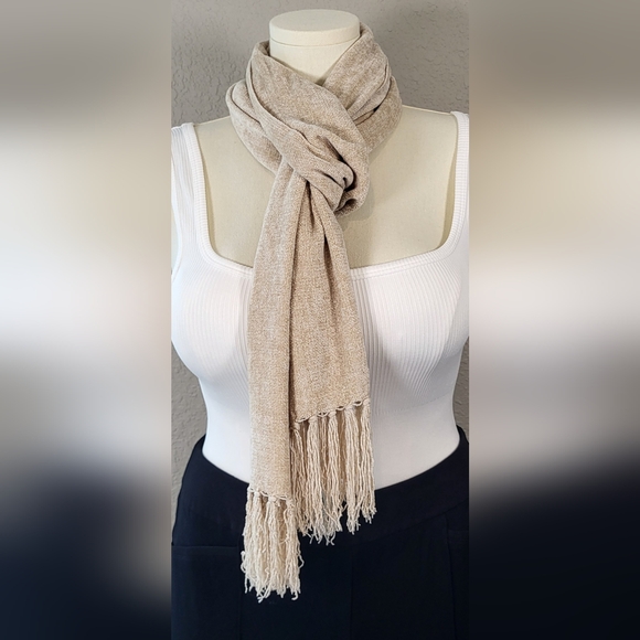 Tan Woven Fringe Scarf Wrap - 73 x 11 - Picture 2 of 7